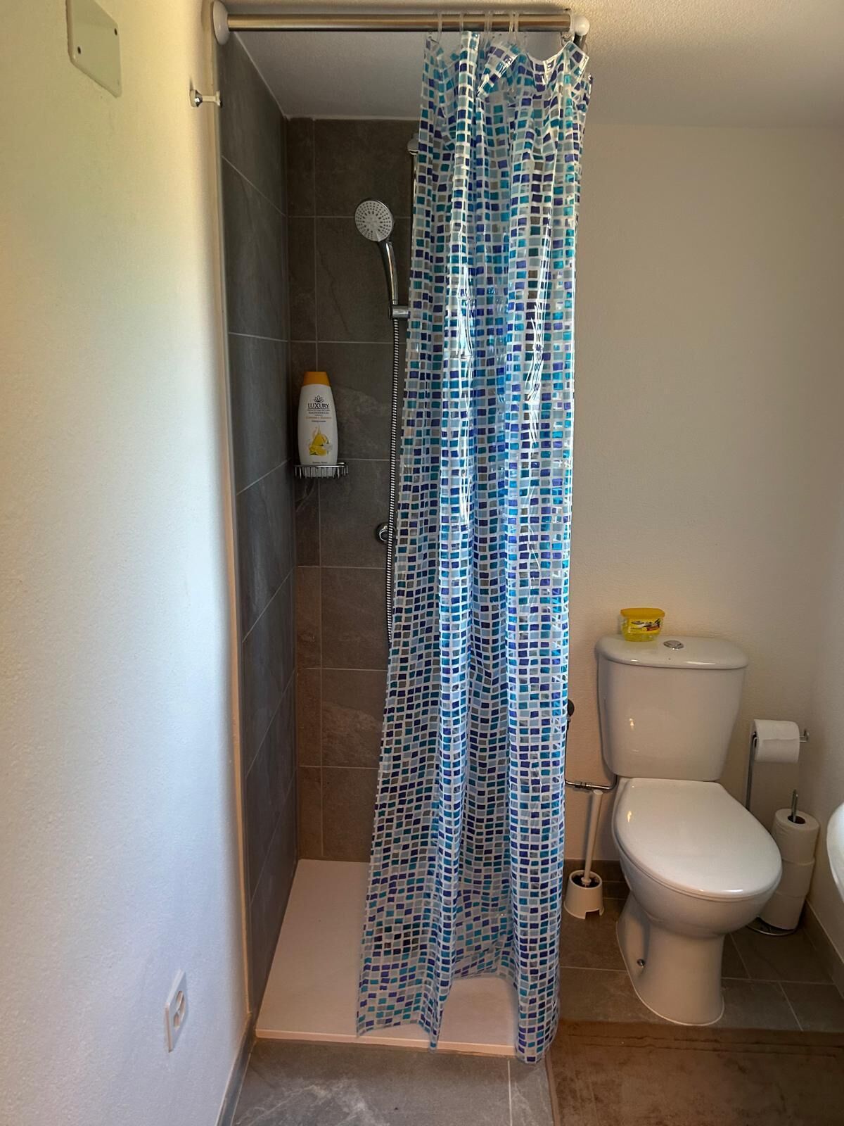 Ein Badezimmer mit Dusche, Toilette und einer Shampoo-Flasche an der Wand.