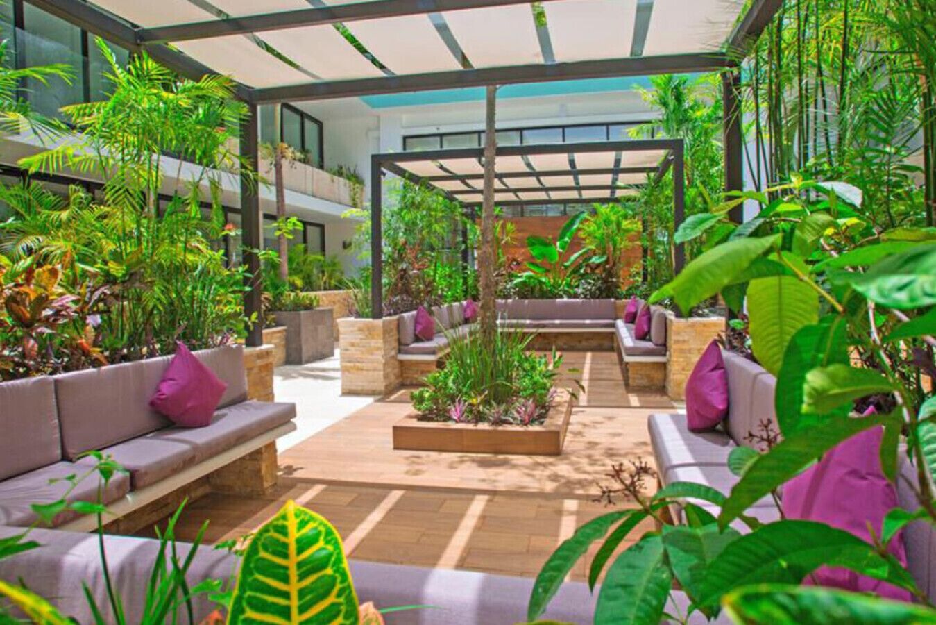 Un espace extérieur aménagé, abrité et doté de canapés et de jardinières, le tout entouré d’une végétation luxuriante.