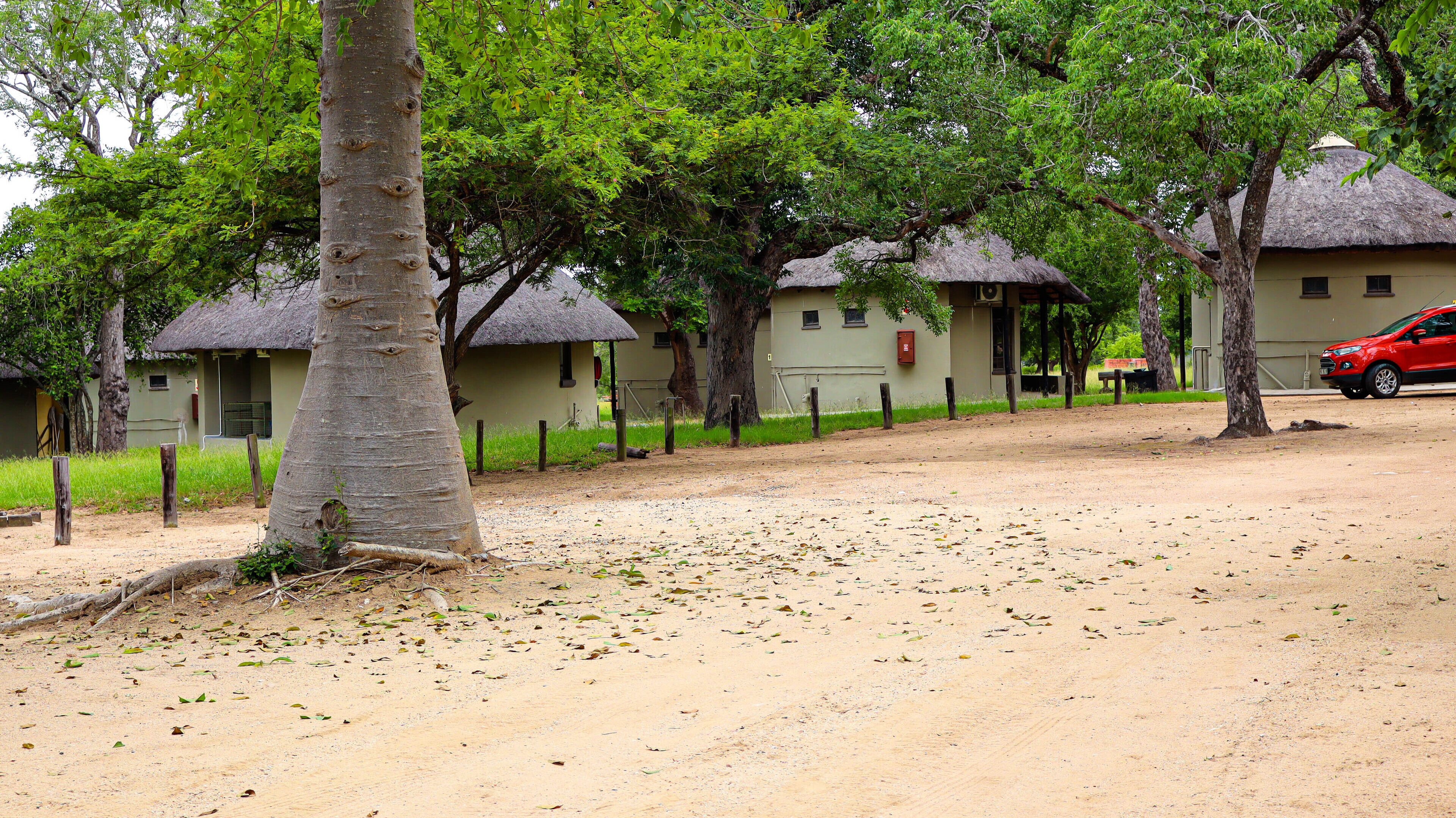 A colonial-style building with thatched roofs, surrounded by trees and a dirt path.