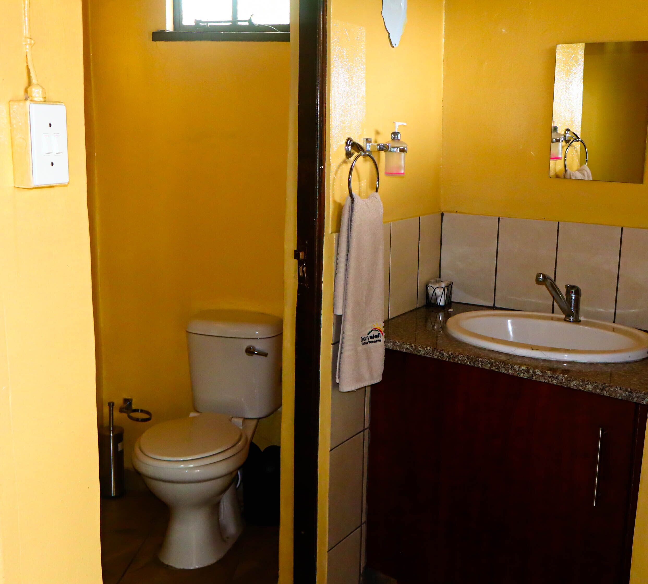 A bathroom with a toilet, sink, and mirror.