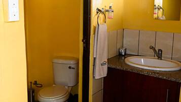 A bathroom with a toilet, sink, and mirror.