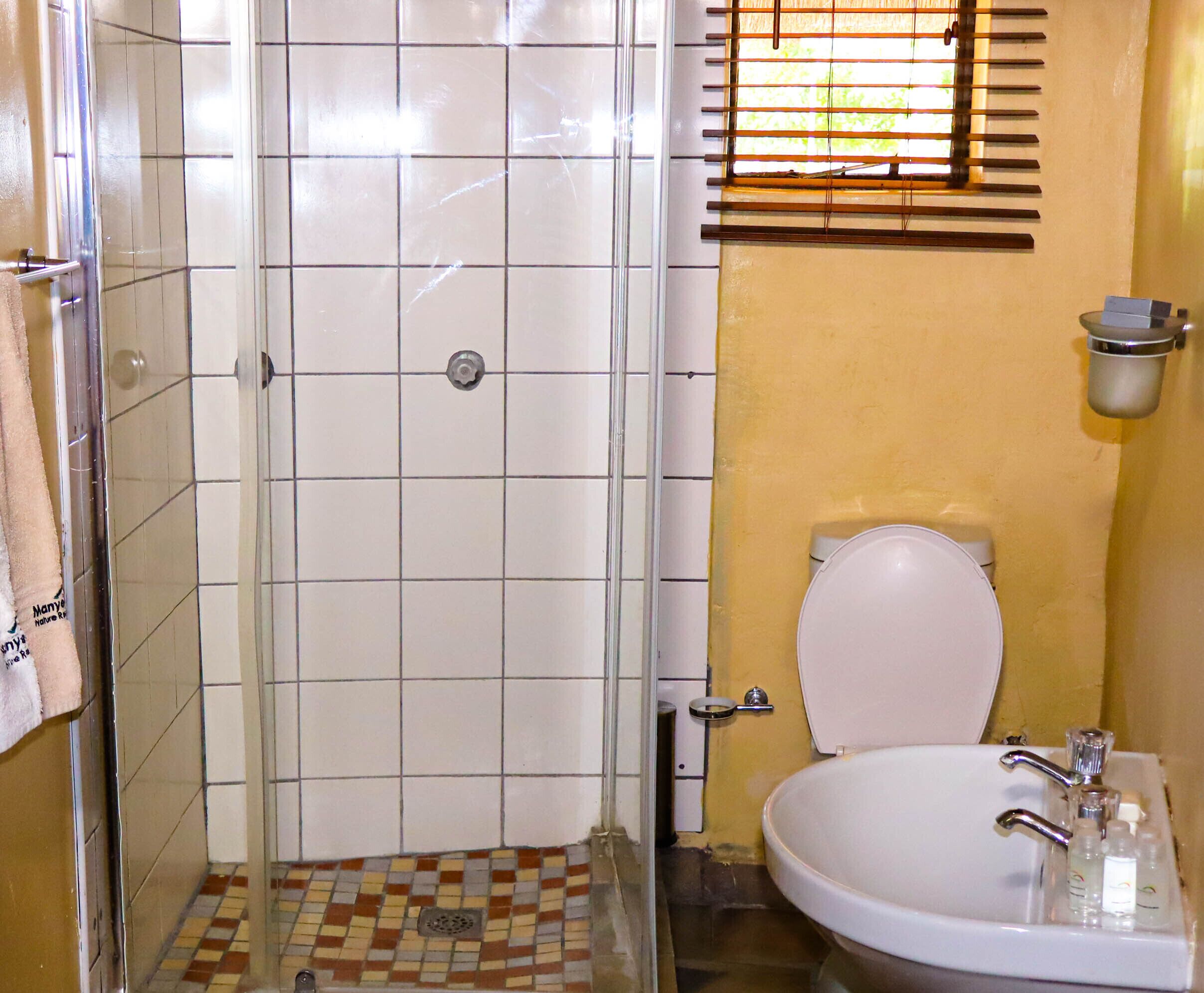 Une salle de bain avec douche, toilettes et lavabo.