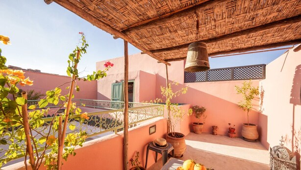 A balcony with potted plants, a bell, and a table with oranges and a magazine. - Riad Ghitaexclusif15 min de Jemaa El Fnaa (Marrakech)