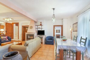 Televisión, chimenea, reproductor de DVD