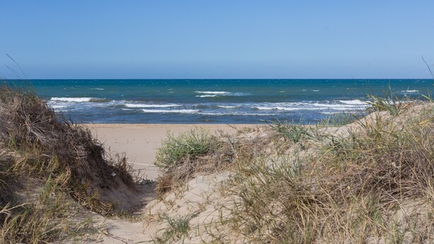 Uma praia com dunas de areia e ondas do oceano.
