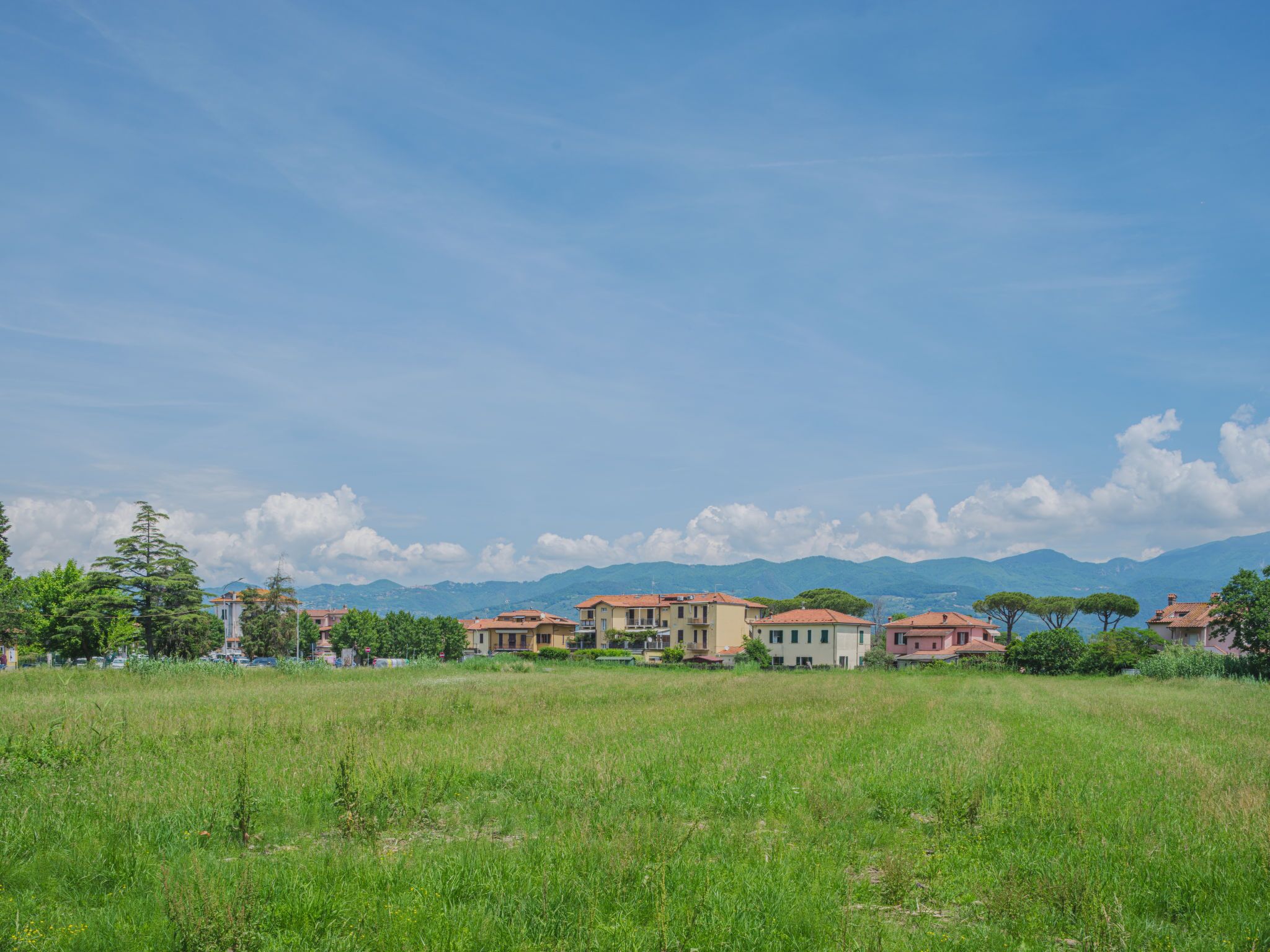 Un quartier résidentiel avec des maisons, un champ verdoyant et des montagnes en arrière-plan.