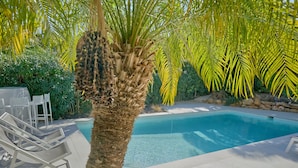A pool area with a palm tree, lounge chairs, and a stone wall. - La Terraza del Sol by Interhome (Jávea)
