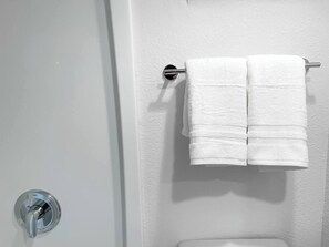 Hair dryer, towels, soap, shampoo