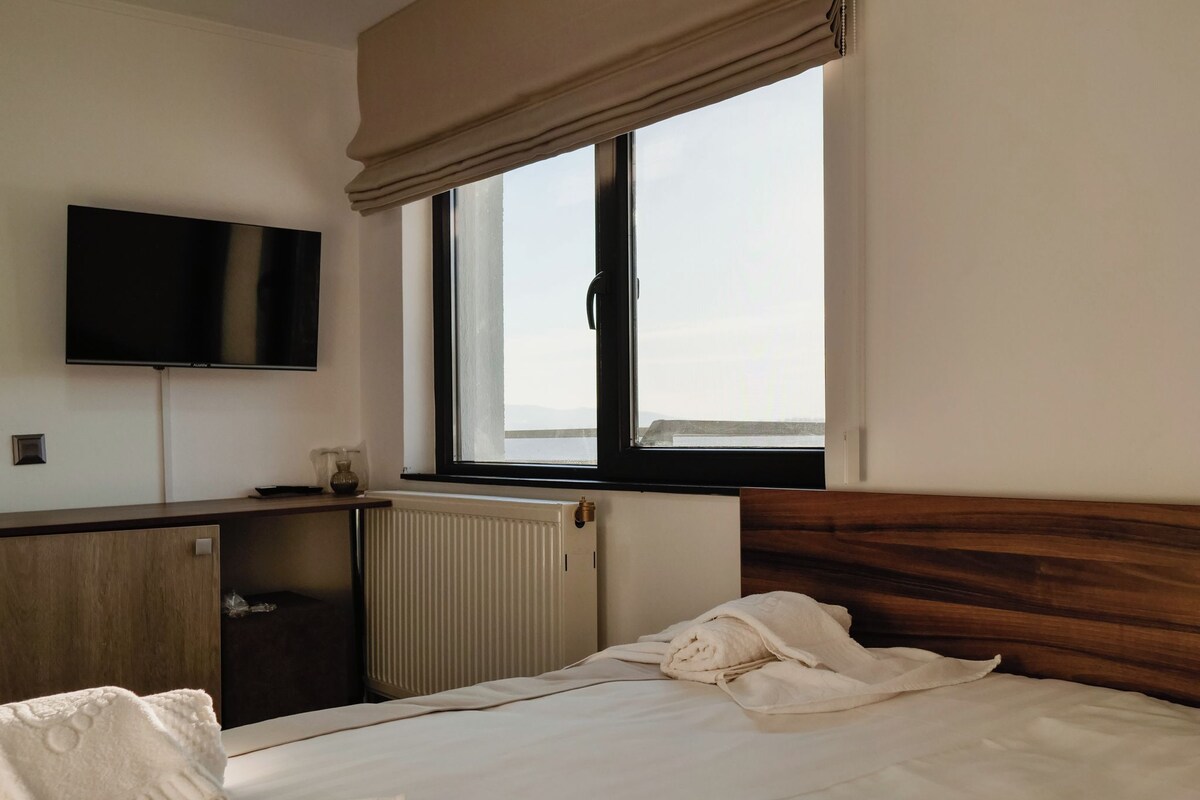 Una habitación de hotel con cama, televisión, ventana y radiador.