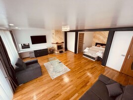 Una sala de estar moderna con un sofá, una mesa de centro, una chimenea y una televisión.