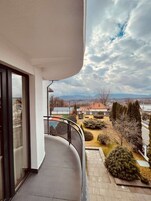 Un balcón con vistas a una zona residencial, con casas y árboles.