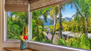 A window with a view of tropical vegetation and a mountain in the background.