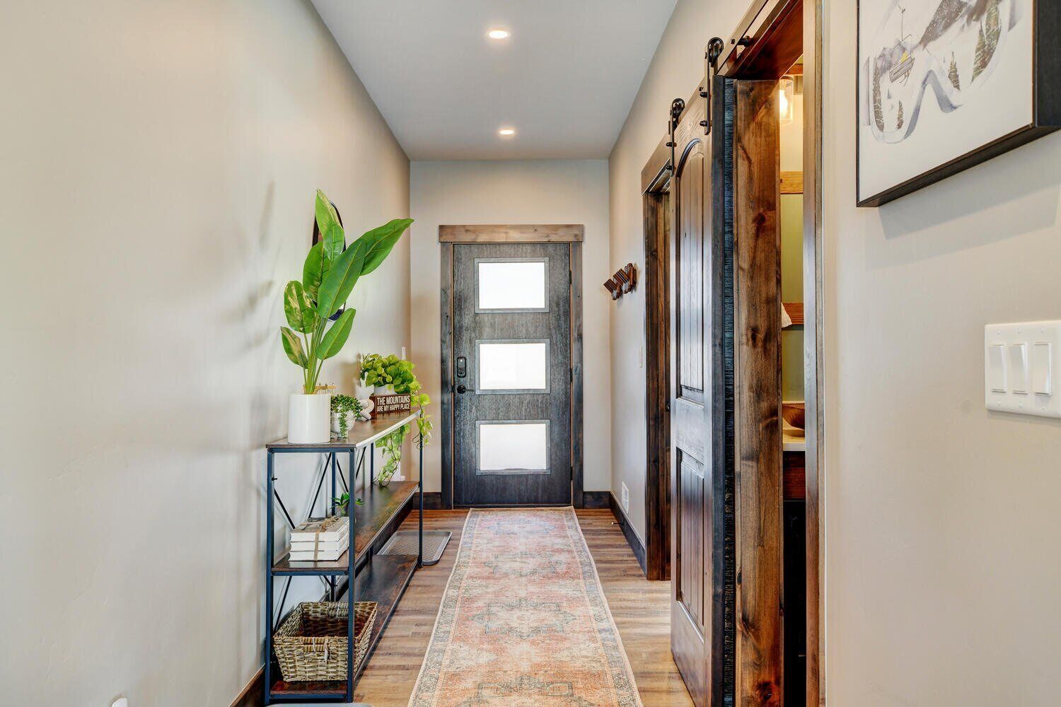 A hallway with a wooden door, a potted plant, a metal shelf, and a patterned rug.