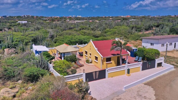 A yellow house with a red roof surrounded by cacti and vegetation. - NEW Casa Kudawecha (Noord)