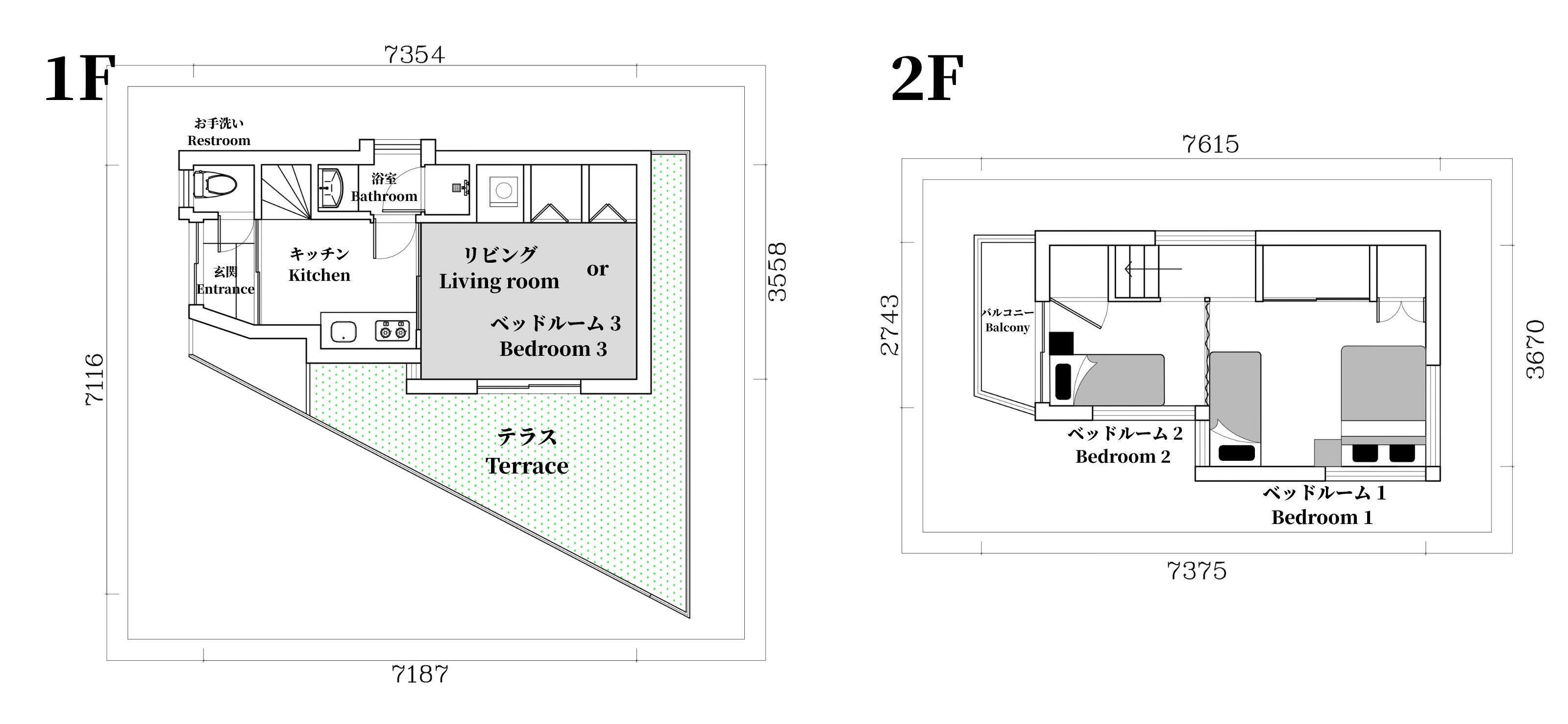 Floor plans of a hotel with 1F having a terrace, kitchen, living room, and bathroom, and 2F with two bedrooms and a balcony.