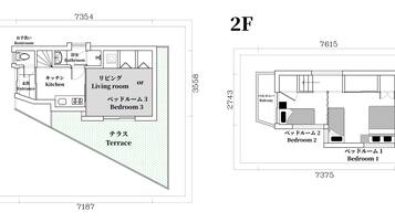 Floor plans of a hotel with 1F having a terrace, kitchen, living room, and bathroom, and 2F with two bedrooms and a balcony.
