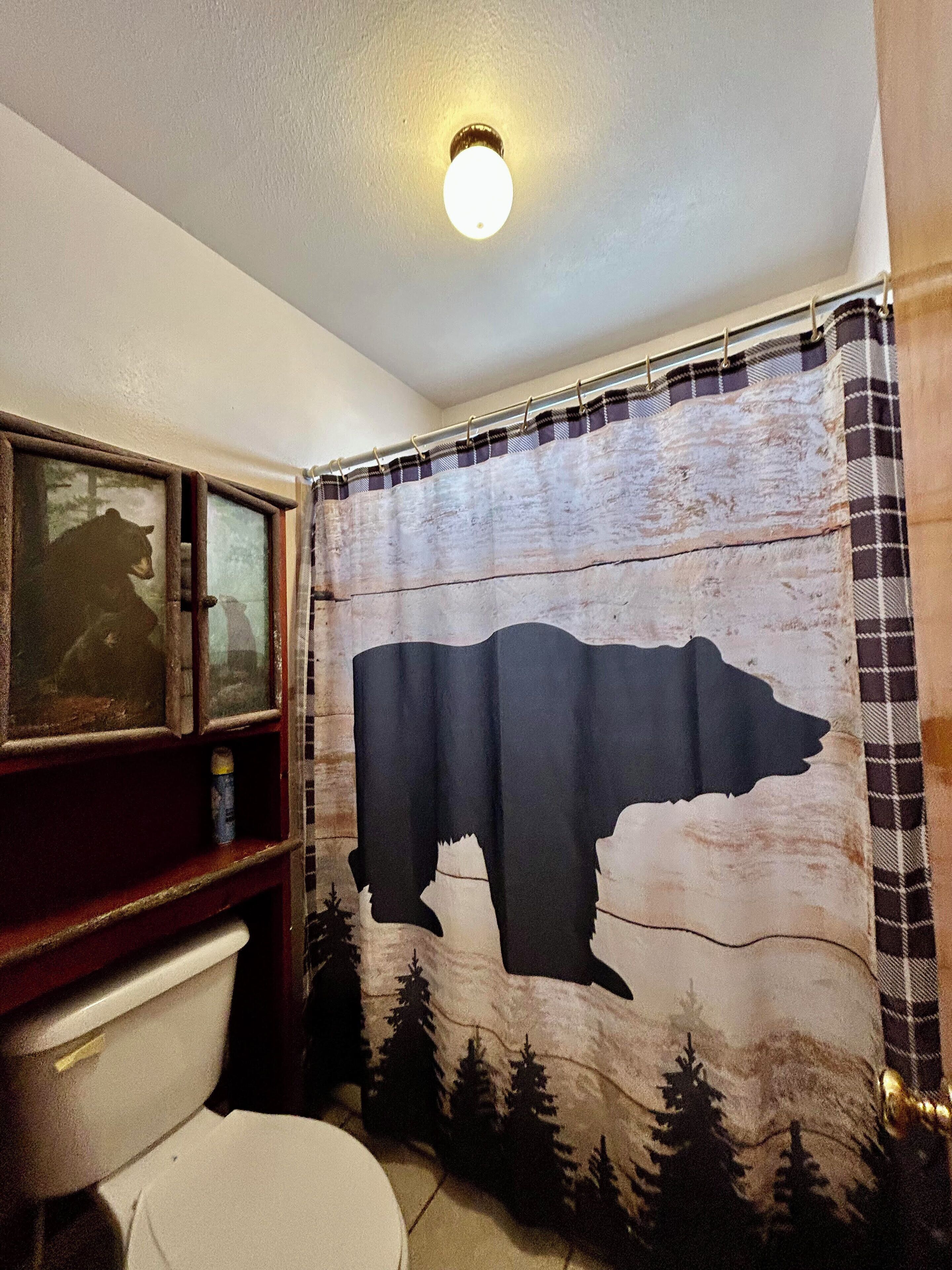 A bathroom with a toilet, a mirror, and a shower curtain featuring a bear silhouette.
