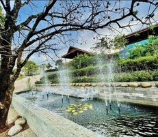 Un jardin paisible agrémenté d’un élément aquatique, d’un sentier en pierre et d’un bâtiment en arrière-plan.