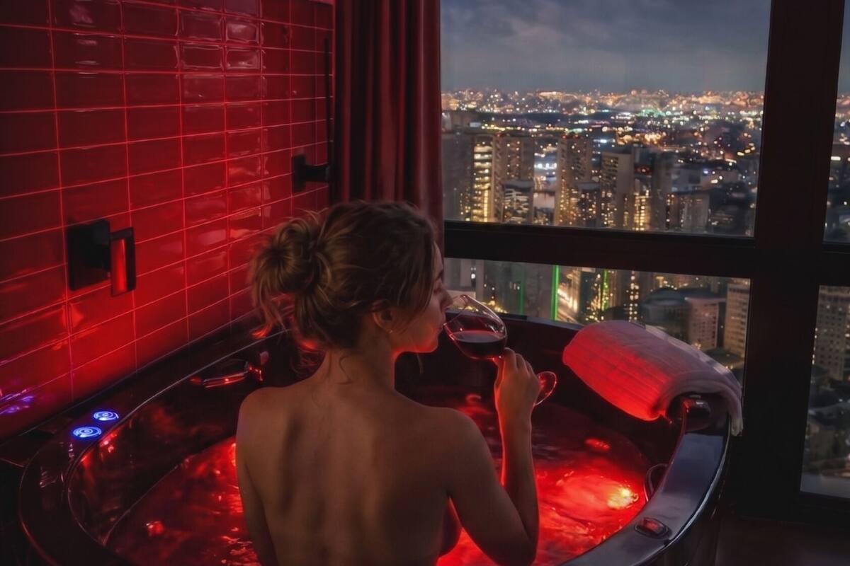 A person in a hot tub with a cityscape view.