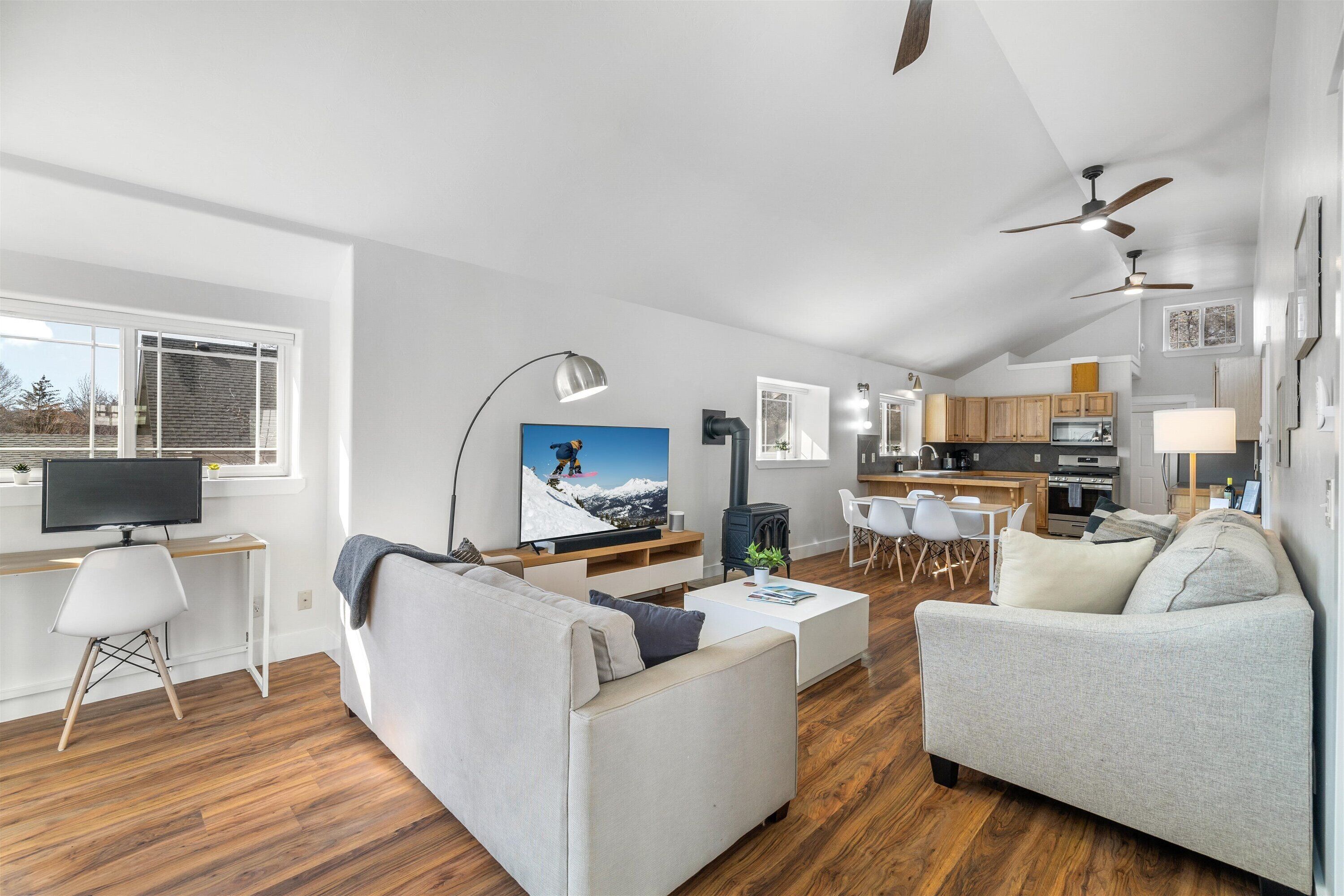 Smart TV, fireplace, computer monitors