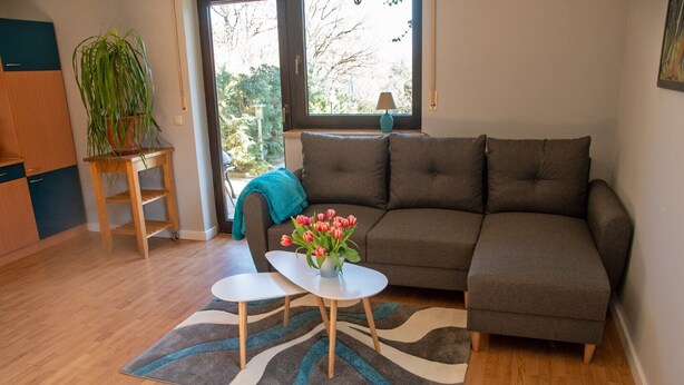 A modern living room with a sectional sofa, a small table with a vase of flowers, a potted plant, and a view through a large window. - Apartment 'Ferienwohnung Maintalblick' with Private Terrace, Private Garden and Wi-Fi (Eltmann)