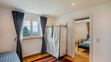 A bedroom with a bed, a window with curtains, a radiator, a striped rug, and a door leading to another room.