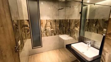 Shower, hair dryer, bidet, towels