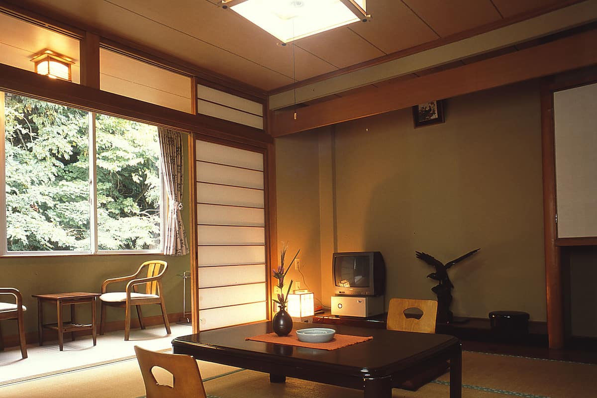 A traditional Japanese room with tatami flooring, a low table, chairs, a television, and a window with curtains.