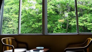A room with two chairs, a small table, and a window overlooking a dense forest.