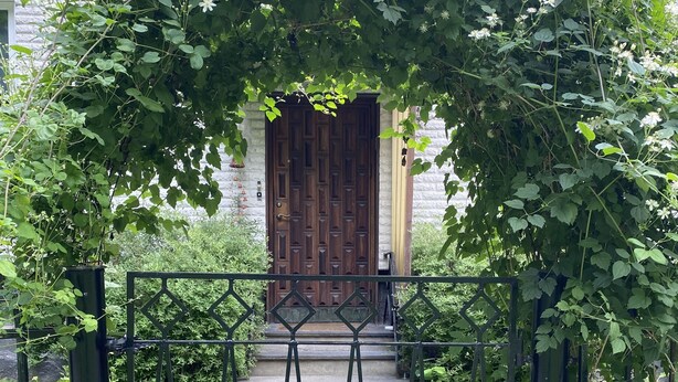 Une porte en bois avec un portail en métal décoratif devant.