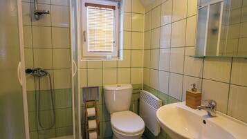 A bathroom with a toilet, shower, sink, and a window with blinds.