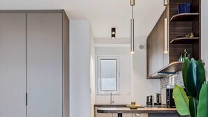 Une cuisine moderne avec un îlot central, des tabourets de bar et une grande plante verte.