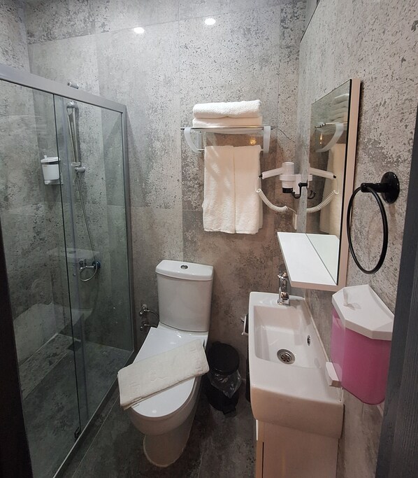 A bathroom with a glass-enclosed shower, a toilet, a sink, and a mirror. - SAND GARDEN (Bodrum)