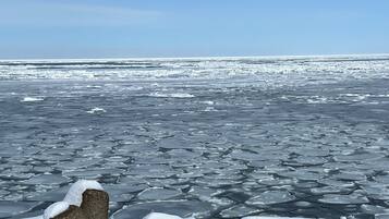 A frozen landscape with ice floes and rocks.