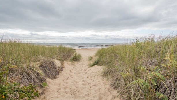 A sandy beach path flanked by tall grass leading to the sea under a cloudy sky. - Sand Life #1 by Bayley Vacation Rentals (Old Orchard Beach)