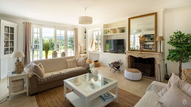 A living room with a sofa, coffee table, fireplace, and a television. - Le Domaine de la Source (Pennedepie)