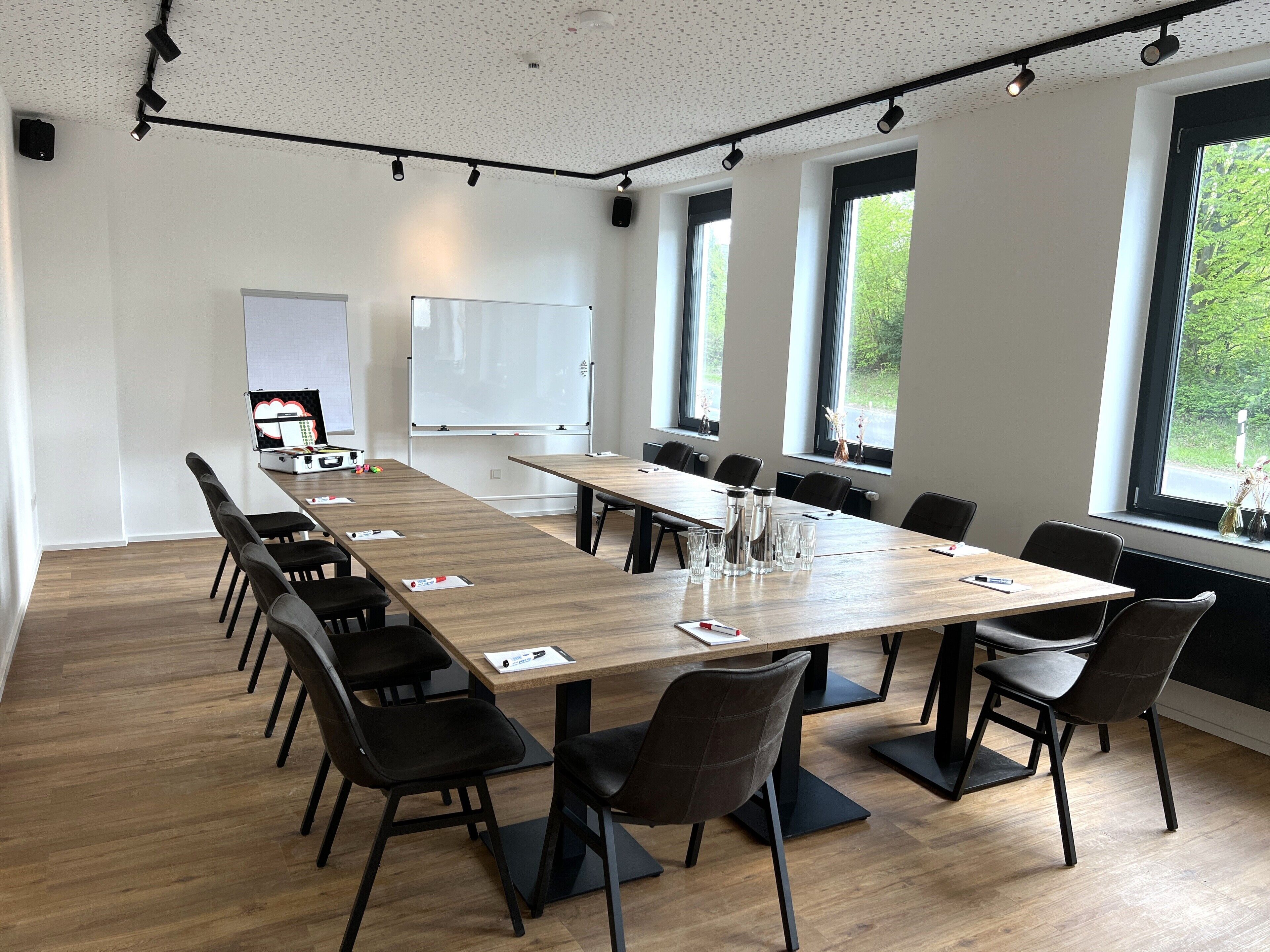 Une salle de conférence avec une longue table, des chaises, un tableau blanc et de grandes fenêtres.