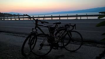 Una bicicleta estacionada en un área pavimentada junto a una carretera, con una masa de agua y montañas al fondo.