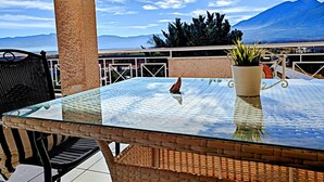 Una mesa con cubierta de vidrio, una silla, una planta en maceta y vistas a montañas.
