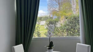 A room with a round table, two white chairs, a potted plant, and a window with green curtains. - B&B Laura (Terzigno)