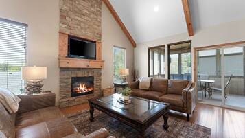 Télévision, cheminée, livres, espaces bureaux