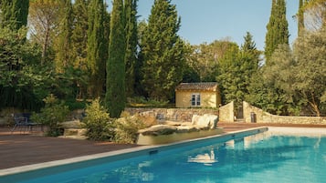 Seasonal outdoor pool, pool loungers
