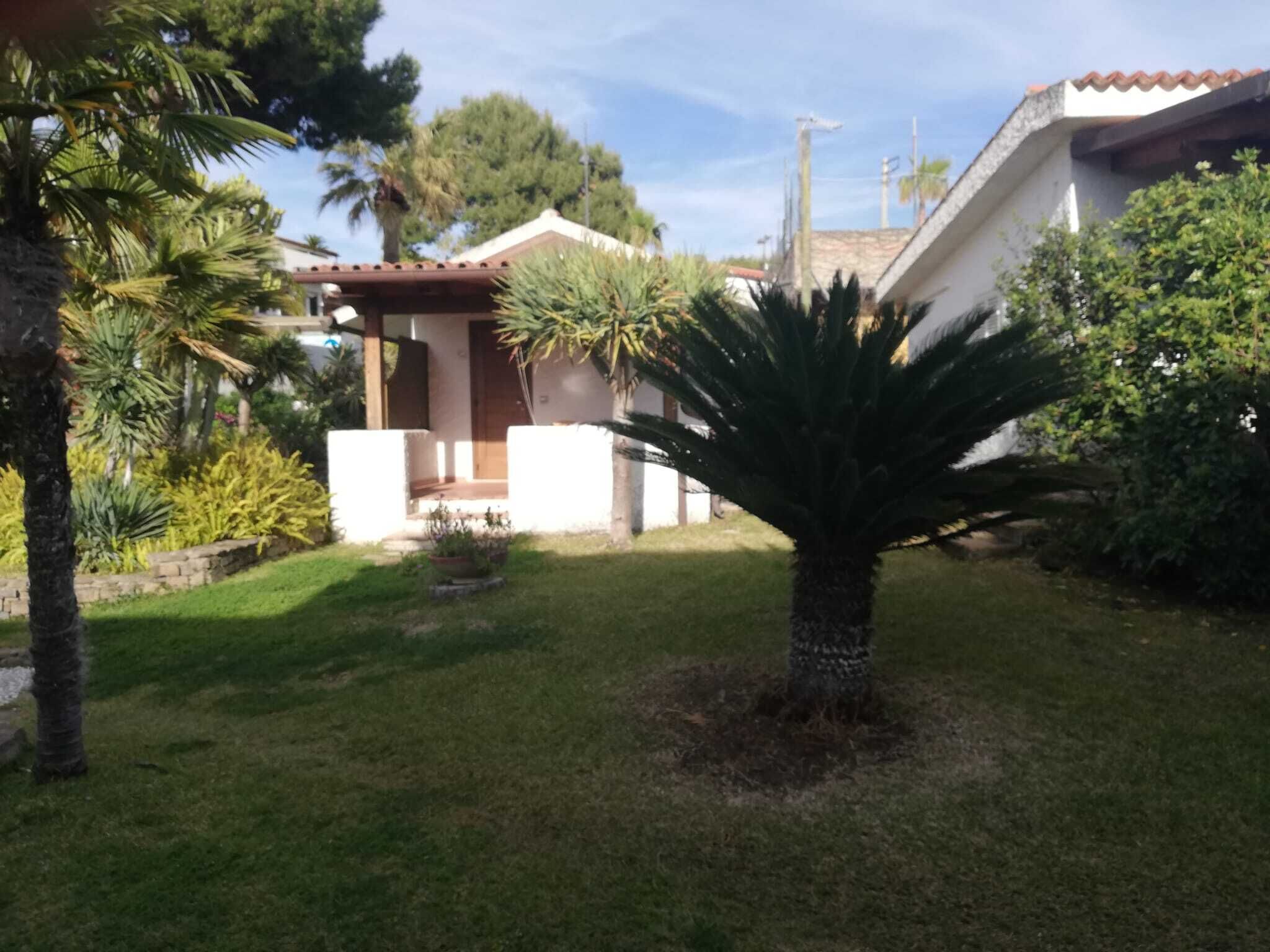 En bostadsfastighet med en välskött gräsmatta, ett palmträd och ett hus med ett tak täckt av tegelpannor.