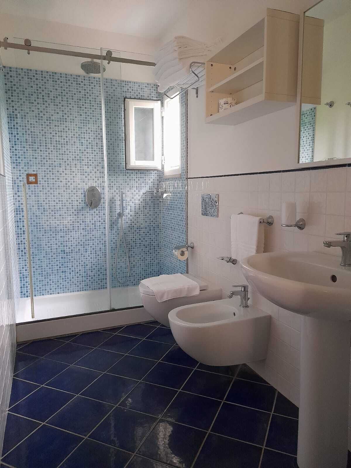 A bathroom with a shower, toilet, bidet, and sink.