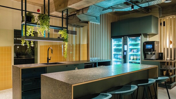 A modern kitchen with a central island, bar stools, a built-in refrigerator, and hanging plants. - Citybox Brussels Centre Louise (Brussels)