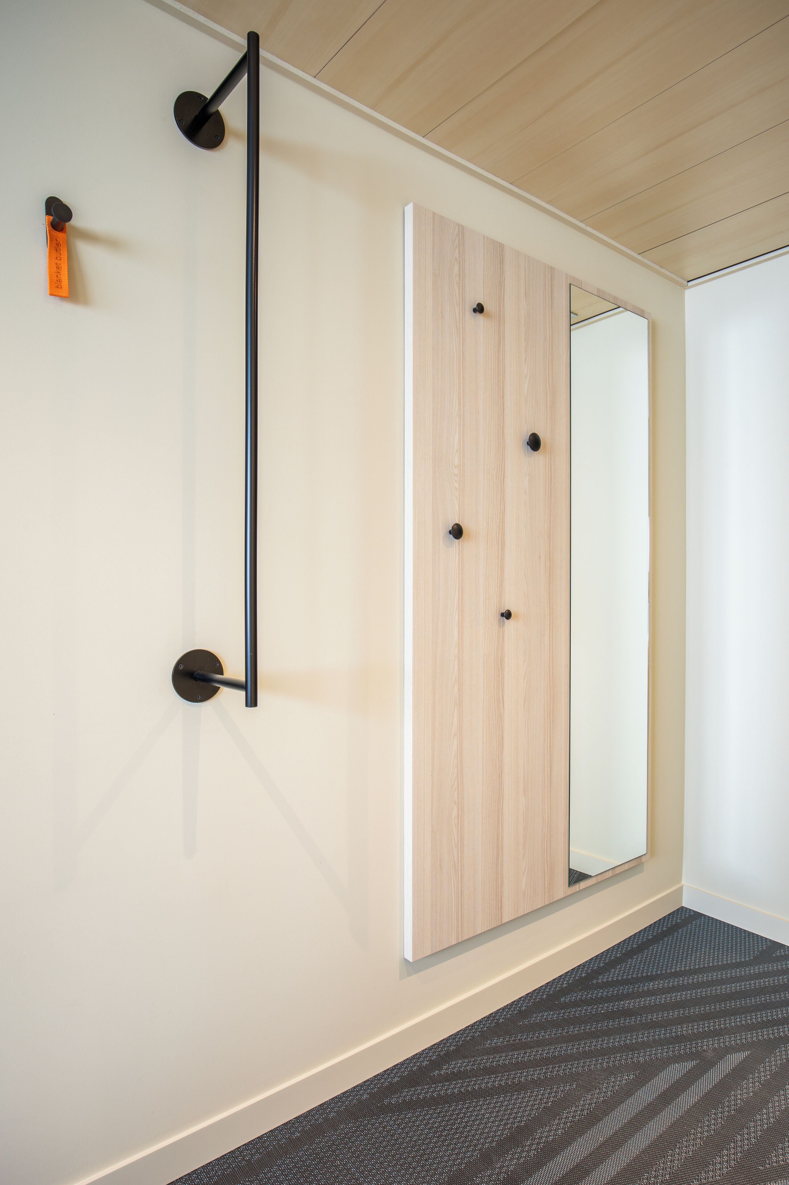 A modern room with a wooden door, a black vertical handle, and a mirror.