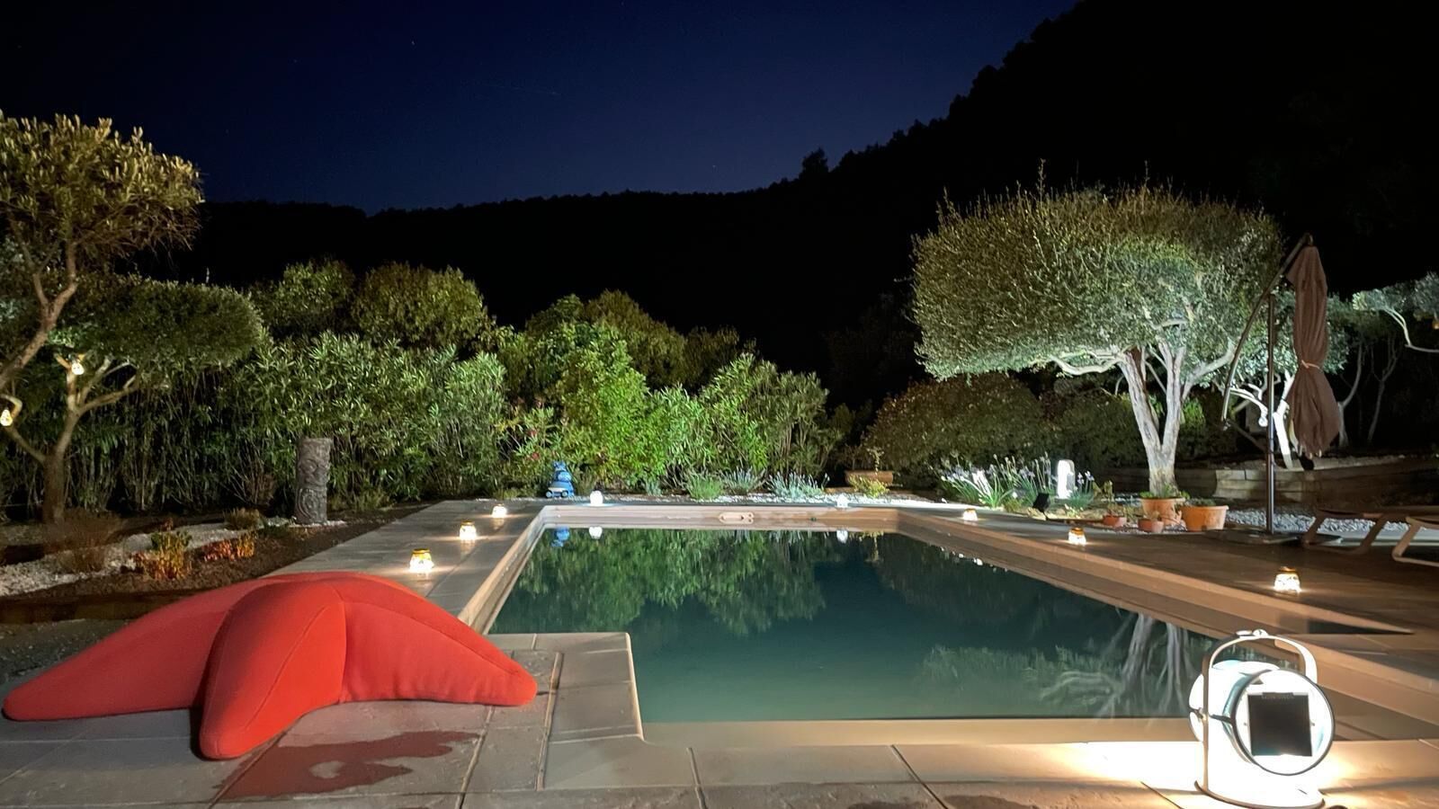 A nighttime pool area with a clear pool, surrounding trees, and a red cushion.