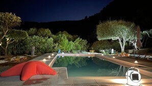 A nighttime pool area with a clear pool, surrounding trees, and a red cushion.