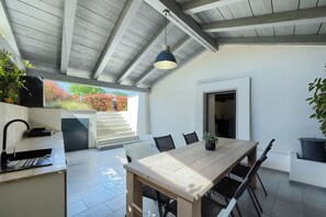 A wooden dining table with chairs, a hanging pendant light, a sink, and a potted plant. - Villa Pepa (Pazin)