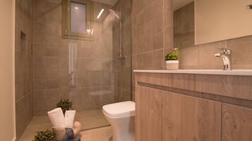 Basic Apartment | Bathroom | Shower, hair dryer, bathrobes, slippers
